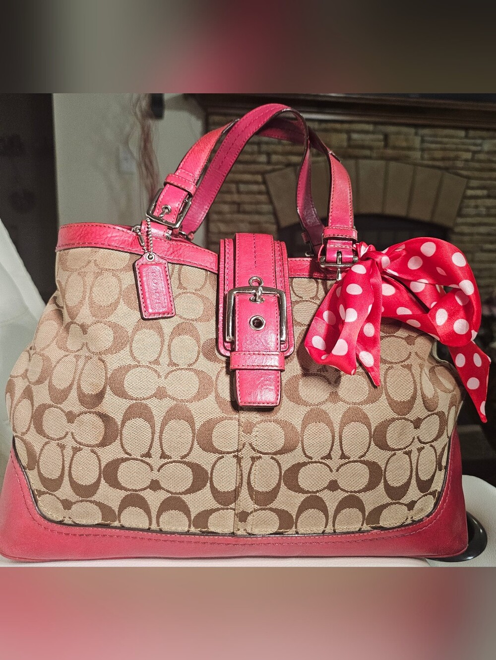 Coach Beige Signature Canvas Bag with Red Leather Trim (Minor Stains -See Pics)